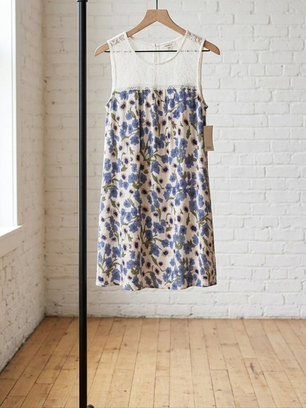 Kori White Lace Yoke Blue Floral Mini Dress